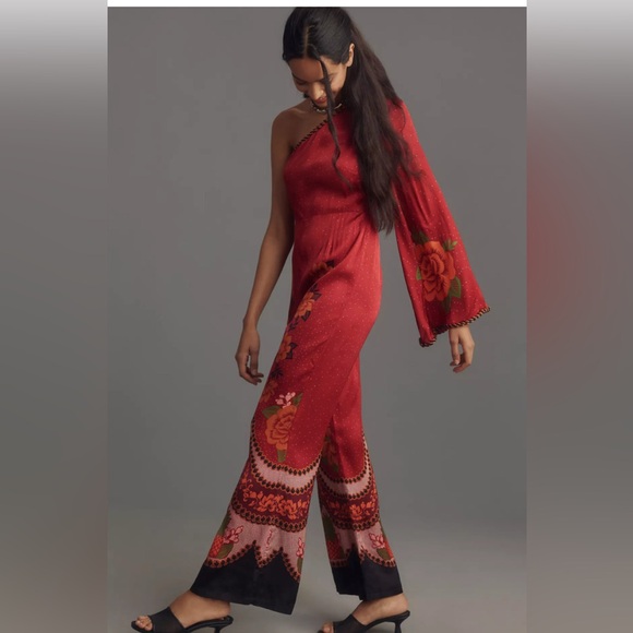 FARM Rio Red Floral One-Shoulder Jumpsuit - Picture 1 of 8